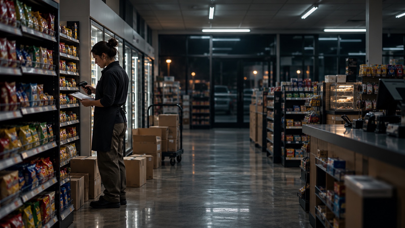 A store employee counts stock with a scanner and clipboard in a dimly lit store after close